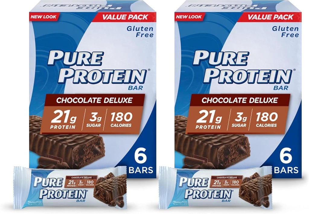 Puhdasta proteiinipatukkaa, korkeaa proteiinia, ravitsevia välipaloja, jotka tukevat energiaa, vähäsokerista, gluteenittomasta, suklaasta Deluxe, 6:sta (Pakkaus 2)