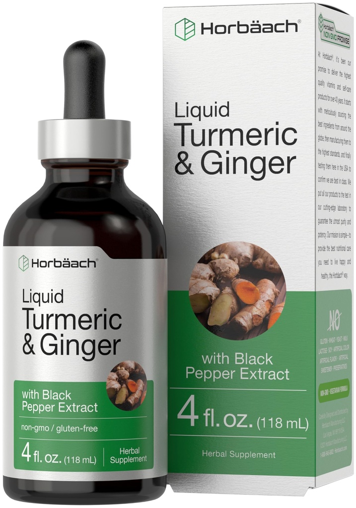 Horbaach Turmeric ja inkivääri lisäravinteet Drops ... 4 fl oz ... mustapippuriuute ... Kasviperäisiä nestejännitteitä...