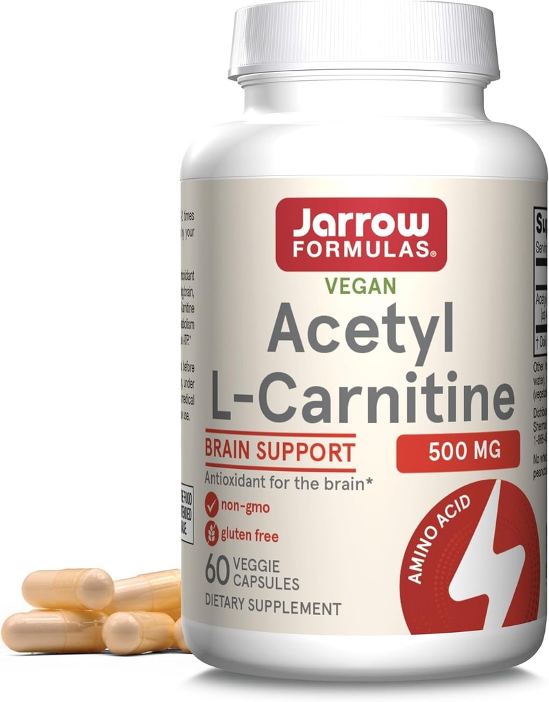 Jarrow Formulas Acetyl L-Carnitine Capsules - 500 mg - 60 greve - För hjärnhälsa och fettsyra Metabolism - Vegetabiliska kapslar - Icke-GMO - Glutenfri