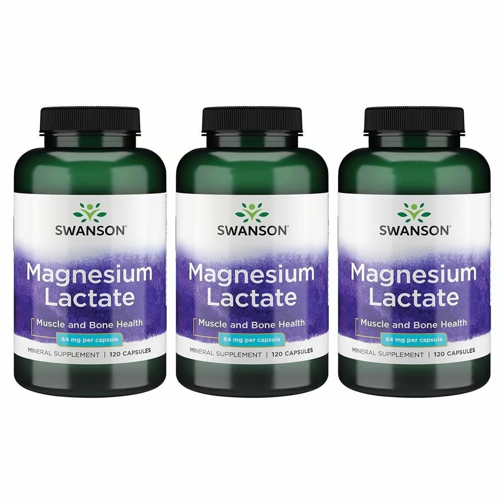 Swanson Magnesiumlaktaatti - Mineraali täydentää edistää lihasten ja luun terveys tuki - Laktoositon laktaatti Mineraalilomake hellää imeytymistä - (120 kapselia, 84 mg Each) 3 pakkaus