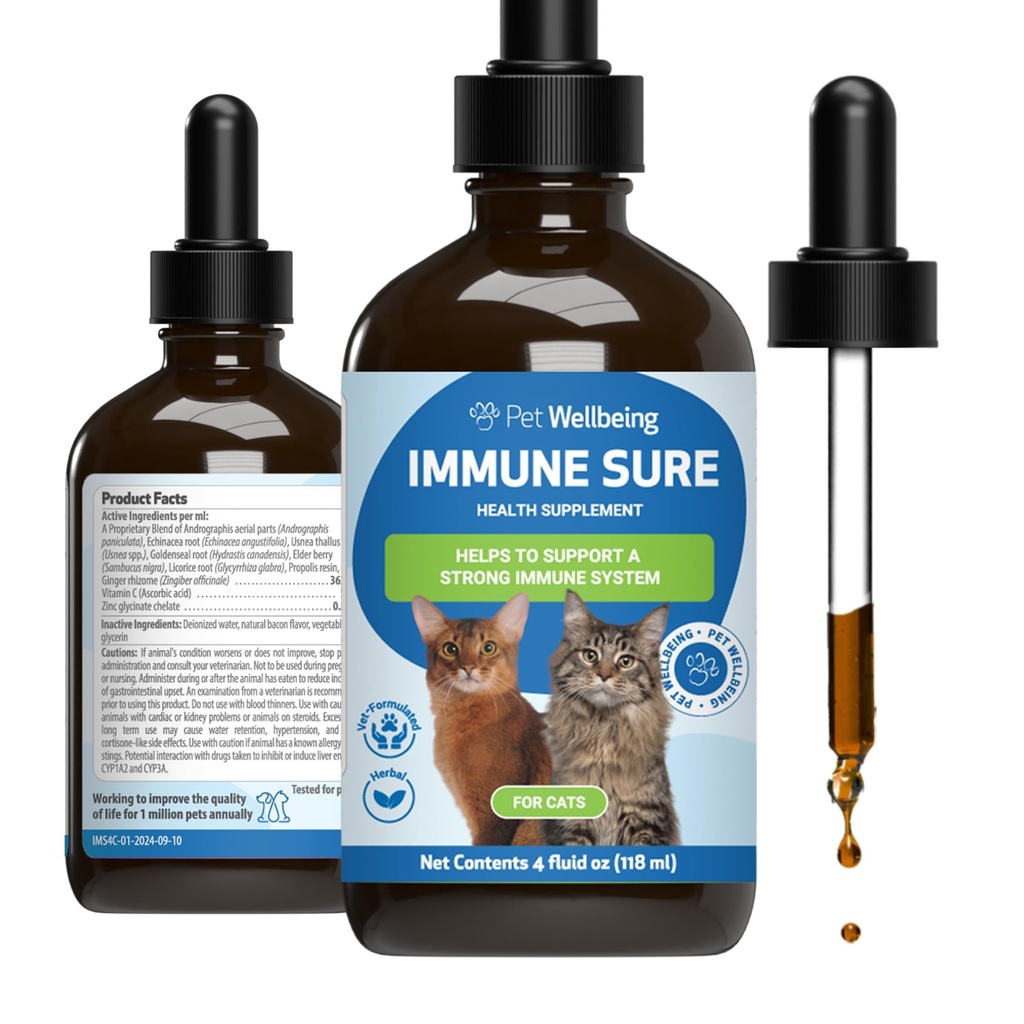 Pet Wellbeing Immuuni Varma Kissat - Tukee normaaleja immuuni Defenses, Gut Flora Balance, Andrographis, Echinacea, C-vitamiini, Sinkki - Eläinlääkäri-Fomulated Herbal Supplement 4 oz (118 ml)