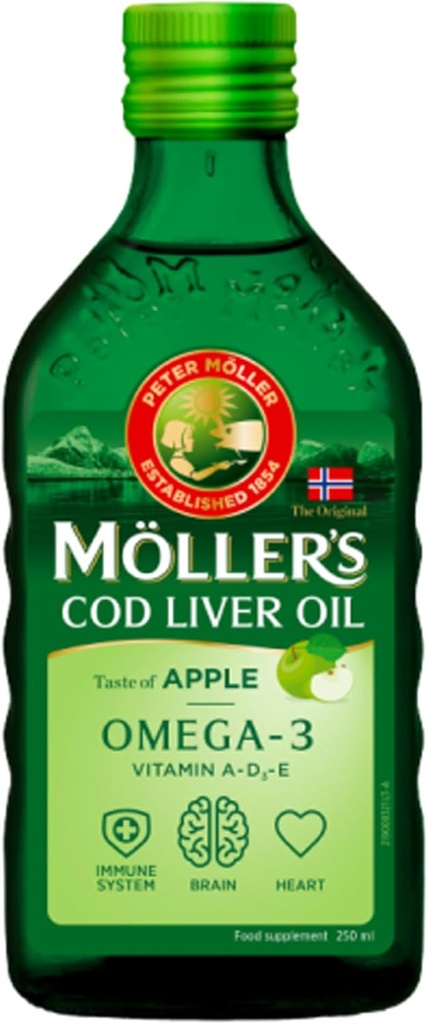 Moller's Fish Oil Norwegian Natural Flavour - Ravintolisä, 8.45 fl oz (Sitruuna, omena, hedelmä, luonnon maku) (250 ml, Makuton (Luonnonmukainen))