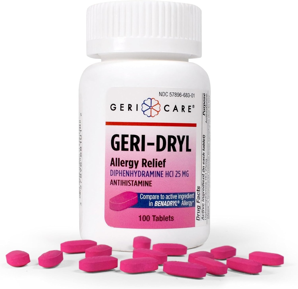 Geri-Dryl Allergy Relief tabletter (100 greve) av GeriCare| Diphenhydramine HCI 25mg Antihistamin tabletter för Sneezing, Runny Nose, Itchy Throats & Eyes| Anti-Allergy Medicine för vuxna och barn