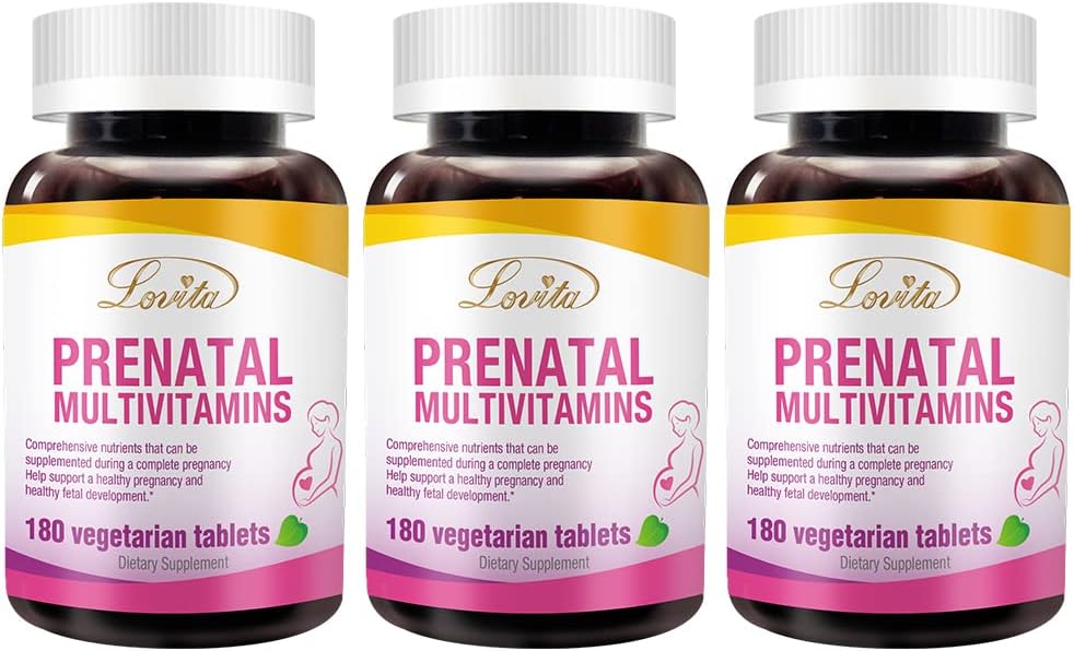 Lovita Prenatal vitamiineja, joissa on rautaa 27 mg, foolihappoa 800 mcg & kalsiumia, vegaanisia prenataalisia vitamiineja naisille preganacyn aikana ja sen jälkeen, ei-muuntogeenisiä organismeja, 180 kasvisruokaa prenataalipillereitä (paketti 3)