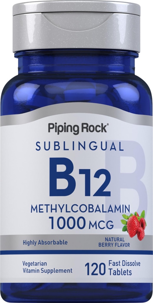 Piping Rock -vitamiini B12 1000 mcg Alakieli 120 tablettia Metyylikobalamiinina 