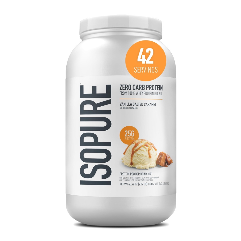 Isopure Zero Carb 100% Pure Whey Isolate Protein Powder, Laktoositon, Gluteeniton, Vitamiinit, Vanilja Suolattu Karamelli, 25g Protein Per Serving, 3 Lbs, 42 Tarjoukset (Pakkaus toukokuussa Vary)
