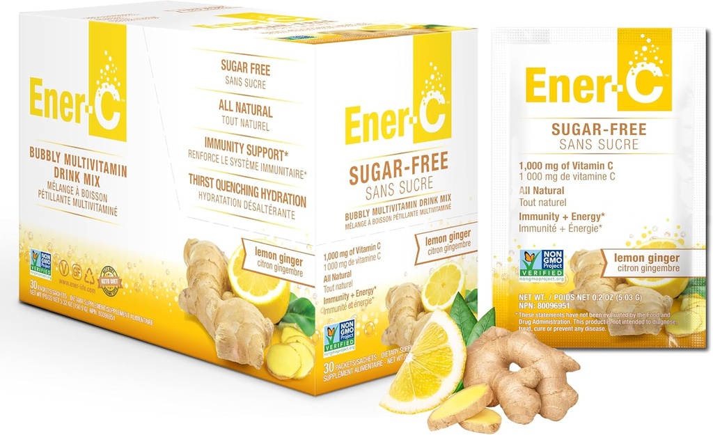 Ener-C sokeriton sitruunan inkivääri Multivitamiini juoma Mix, 1000 mg C-vitamiini, ei-GMO, Vegaani, Todellinen hedelmämehujauhe, Luonnollinen immuniteetti tuki, Elektrolyytit, Gluteeniton, 1-pakkaus 30