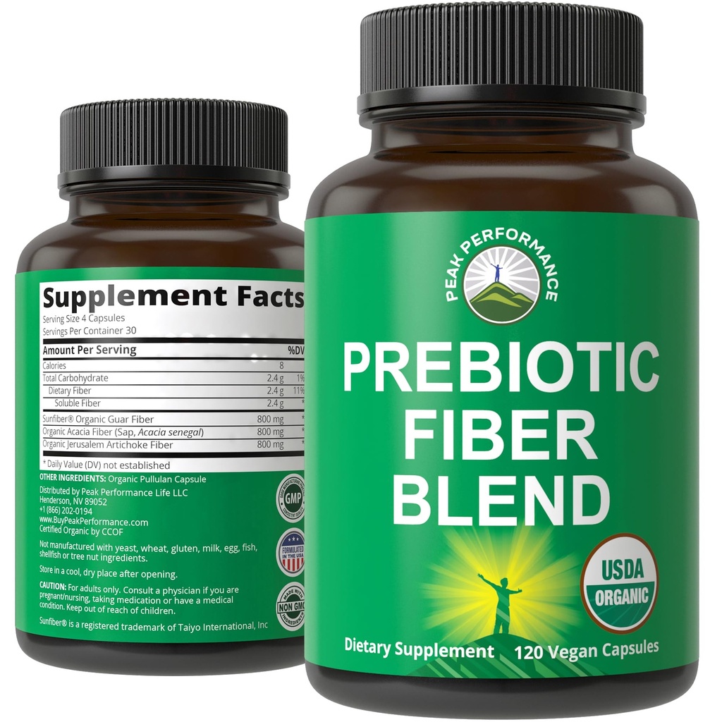 USDA Organisk 3-i-1 Prebiotisk Fiber - Vegan kapslar för gut, Digestive Health. Raw Whole Food Plant Based Prebiotics Pills Supplement med Inulin (Jerusalem Artichoke), Acacia Fibers, SunFiber
