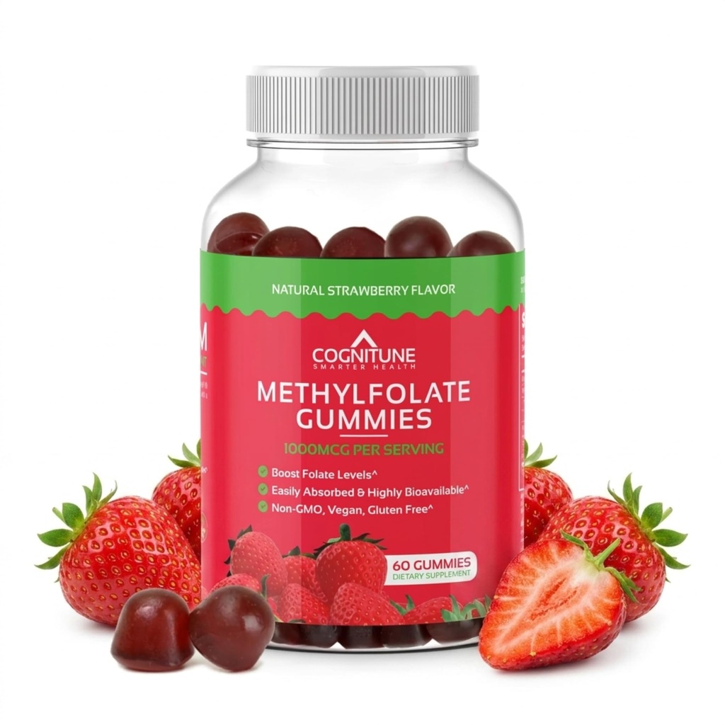 CogniTune Methylfolate Gummies - Lätt att ta hög styrka L-metyllfolat, folattillskott för hjärna, hjärthälsa och immunitet, läckra jordgubbsmak, icke-GMO, Vegan, glutenfri
