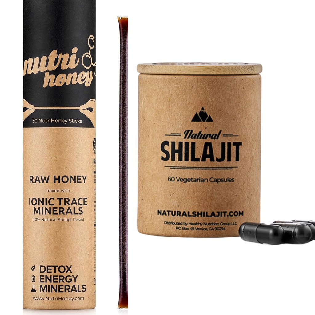 NATURAL SHILAJIT kapslar (1-2 månaders leverans) | 60 greve & Shilajit Honey Sticks Resin Mixed med Raw Honey (30 Sticks)