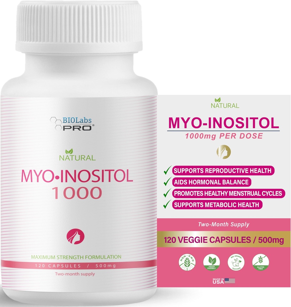 BIOLABS PRO Myo-Inositol Supplement 1000mg - Naturligt koststöd för cellulär hälsa och välbefinnande, Premium Non-GMO, Gluten-Free, Kosher Certified, Paraben-Free - (120 Caps - 2-månaders leverans)