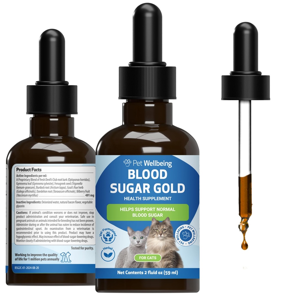 Pet Wellbeing - Blodsockerguld för katter - Naturligt stöd för hälsosamt blodsockernivåer i diabeteskatter - Insulinstabilisering och normal bukspottkörtelfunktion - 2 oz (59 ml)