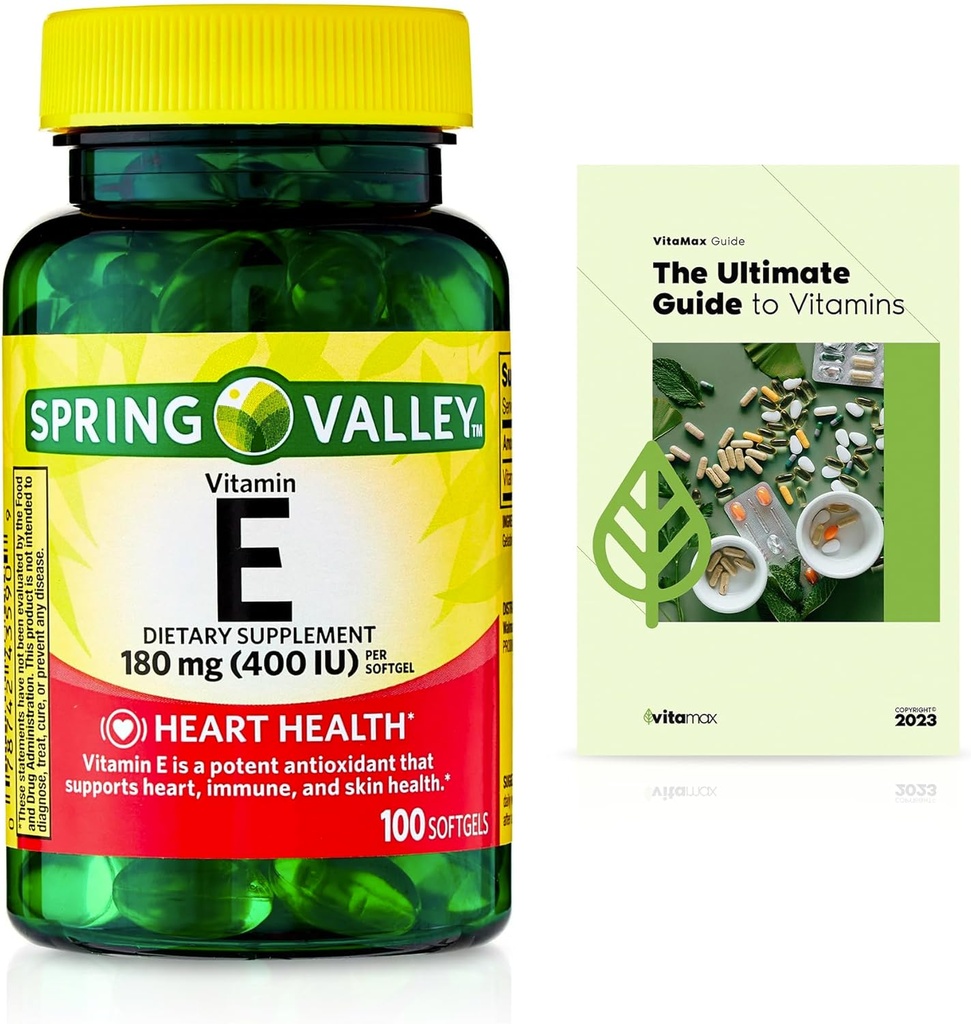 Spring Valley E Heart Health Ravintolisä Softgels, 180 mg (400 IU), 100 Count + Exclusive VitaMax Vitamiini opas (2 tuotetta)