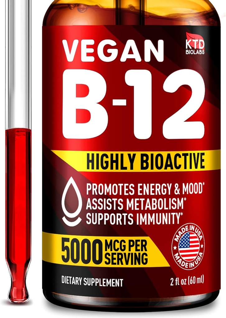 B12 Sublingual 5000 mcg Drops - Made in USA - Vegan B12 Vitamiineja energia, mieliala & muisti - Erittäin biologisesti saatavilla Sublingual Drops - Methylcobalamiini naisten & miesten - 2 fl. oz.