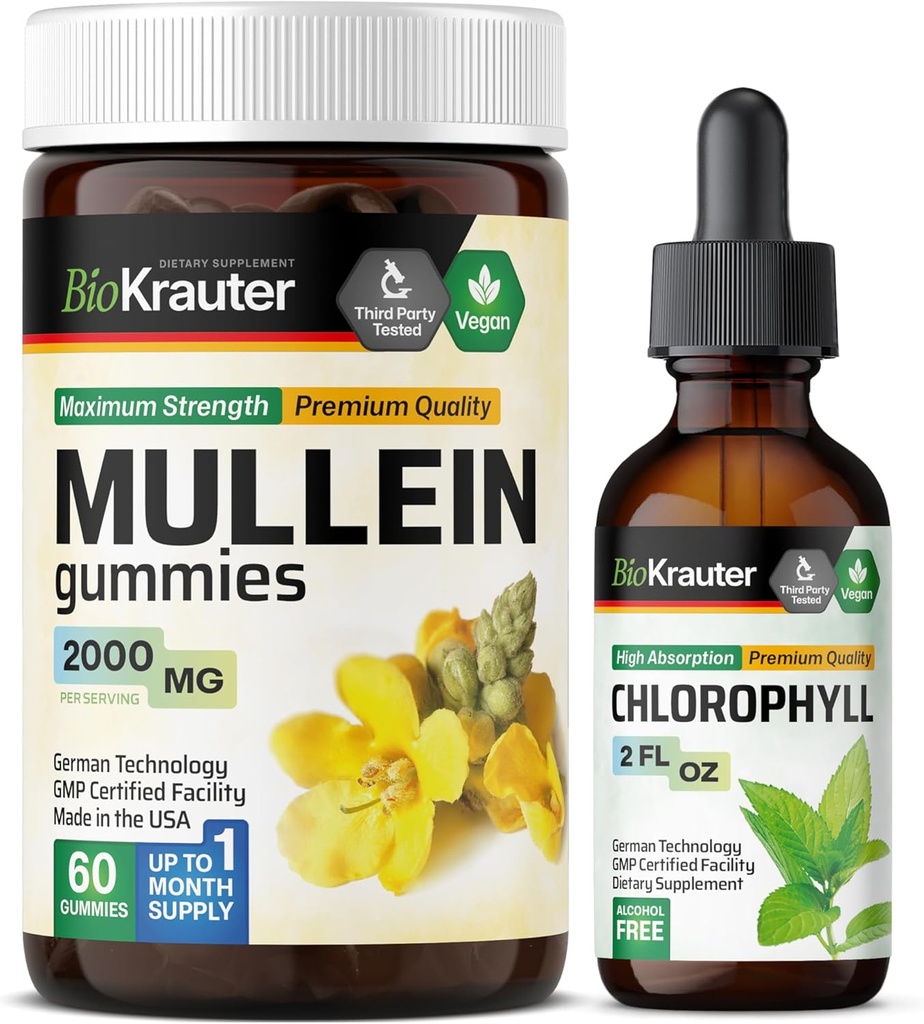 BIO KRAUTER Mullein 60 Gummies & klorofylli Pelti 2 Fl. Oz.