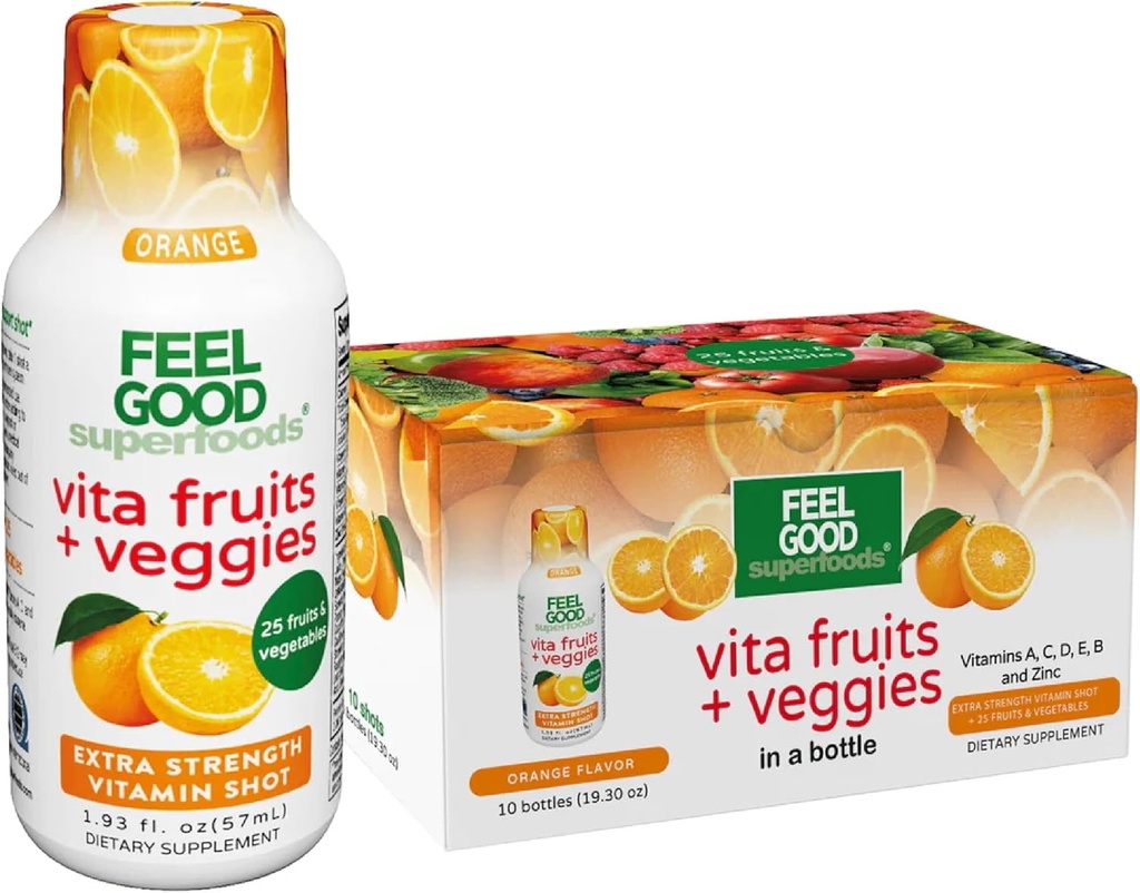 FeelGood Superfoods Vita Fruits and Veggies Immuunituki Shot Lisäravinteet, Orange Flavor, pakkaus 10 Immuniteetti laukausta, Immuunijärjestelmän Booster Drink Valmistettu 25 Organic Fruit & Vihannekset