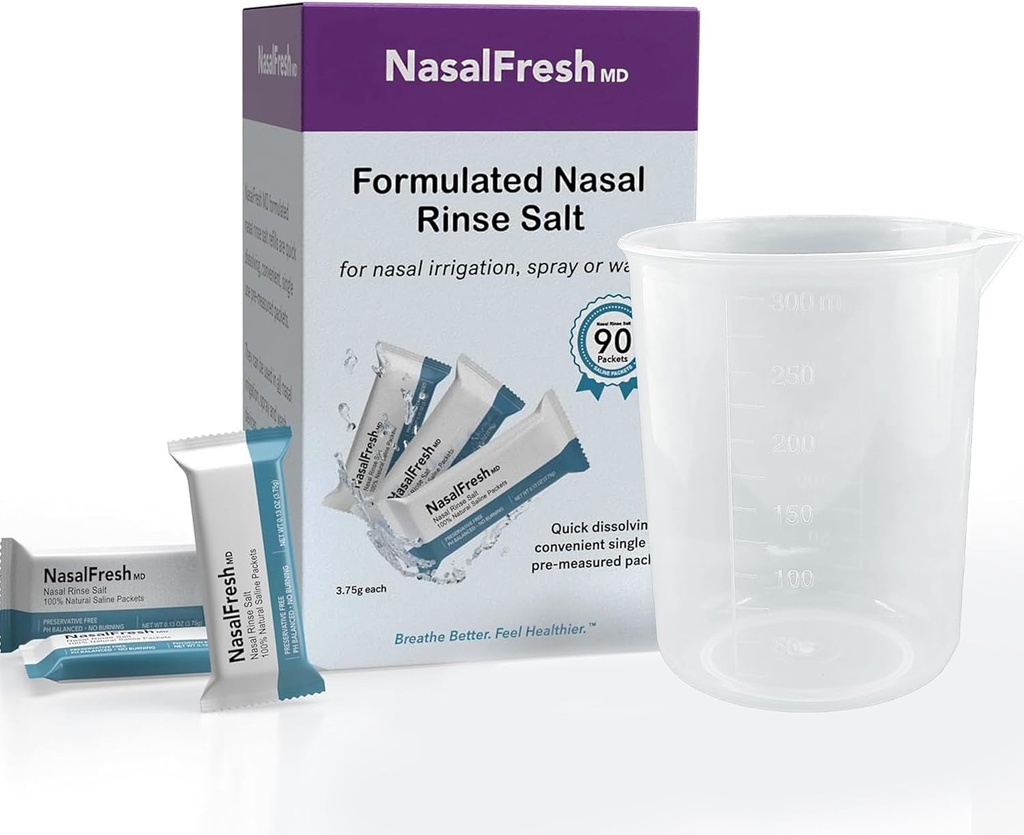 NASALFRESH MD - Saline Packets - Nopea liukeneminen - Yksittäinen käyttö - Esimittattu - Nenän kastelu - Yksittäin kääritty (3.75g/1.roz) - 90 Count Refill Packets - 300mm Cup