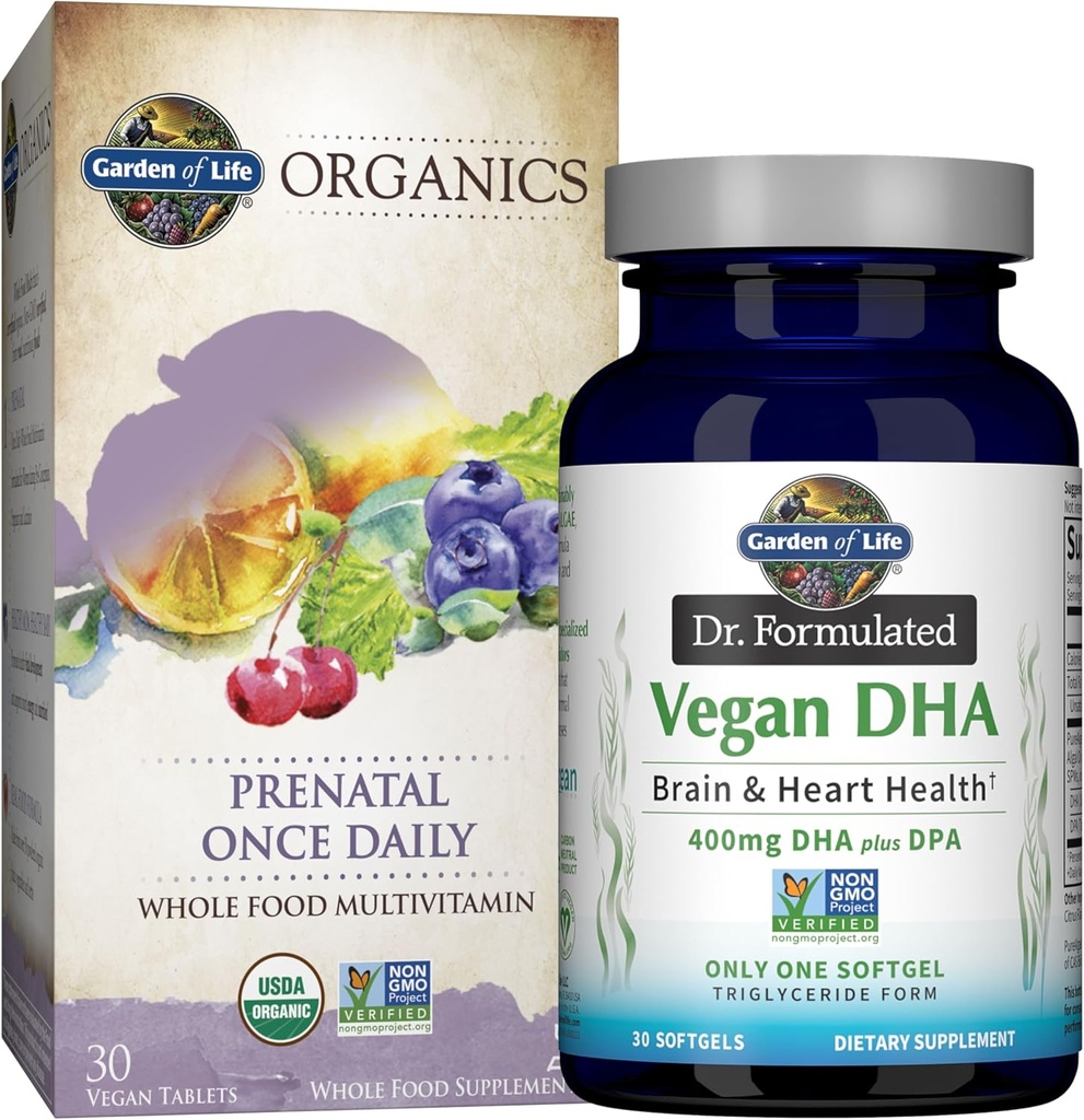 Elämän puutarha Kerran päivässä Vegaani DHA + Prenatal Multi Bundle: Dr Formulated Vegan DHA 30 Softgels + Organics Prenatal One Daily Multivitamiinit kanssa Folate naisten prenatal Health, 30 tablettia