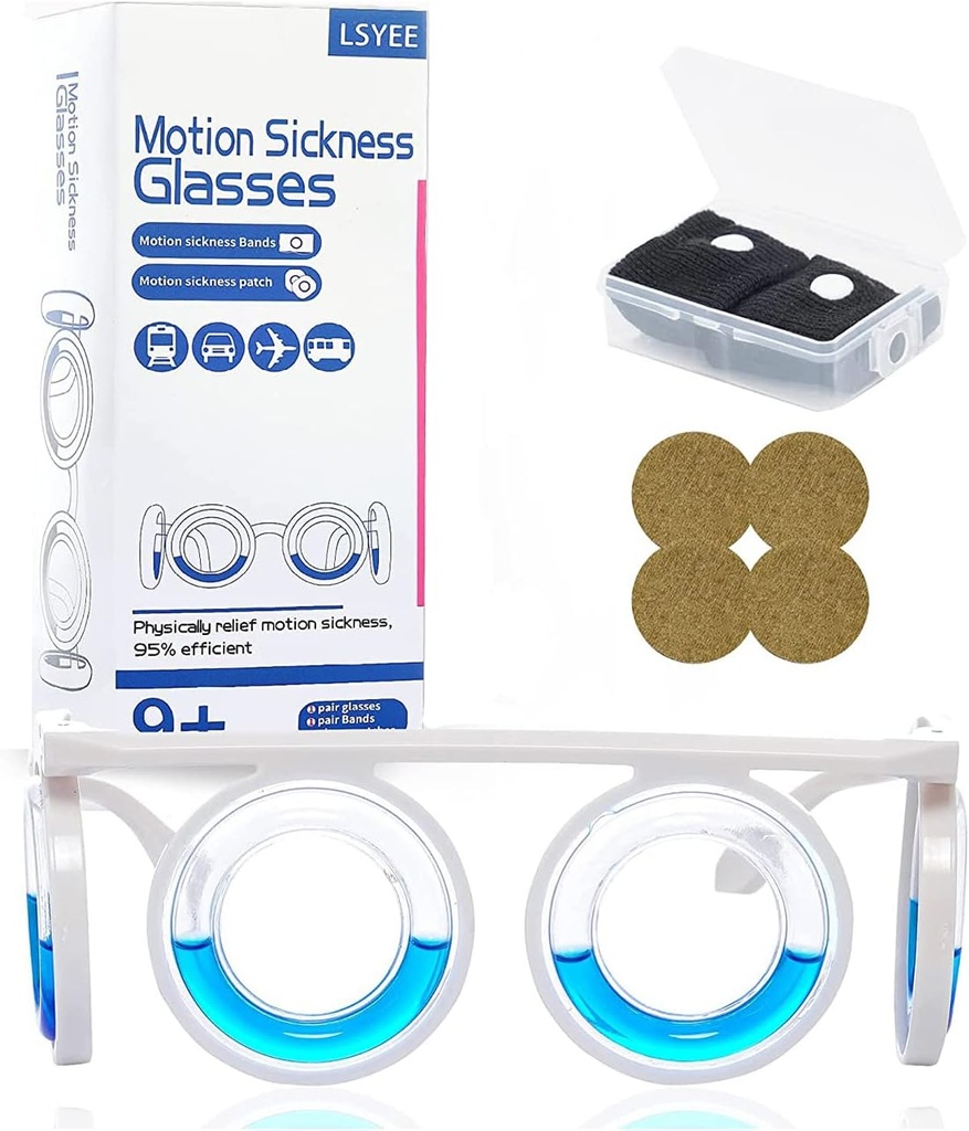 Anti-Motion Sickness Glasses,Motion Sickness Bands (Random Color), Motion Sickness Patch,Antiemetic, Tre i ett paket för vuxna eller barn