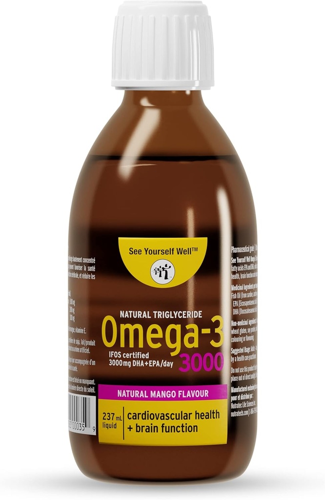 Nestemäinen Omega 3 Fish Oil - High Potency. Edistää aivot, silmät, sydän ja immuuni terveys. Luonnollinen triglyseridi. 237 ml / 8oz - 48 Tarjoilua. Mango
