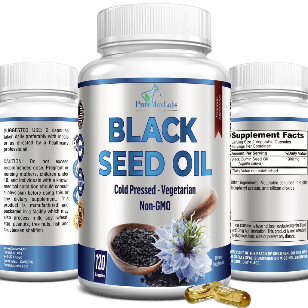 Cold Pressed Black Seed Oil - 120 kapselia, Premium Nigella Sativa Pure Musta Cumin Seed Oil E-vitamiini, Hiukset, iho ja immuuni terveys - ei-GMO 120 kapselia