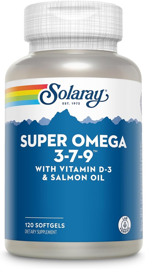 SOLARAY Super Omega 3 7 9 stöder hälsosam hud, mer EPA, DHA, väsentliga fettsyror från Fish Oil Mini Softgel, 120ct