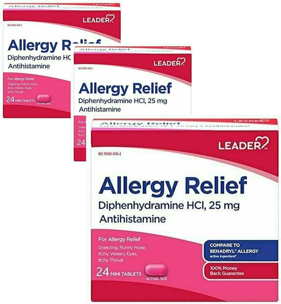 Leader Antihistamiini Allergy Relief Difenhydramiini HCl, 25 mg Mini Tabletit, 24 3 annoksen pakkaus