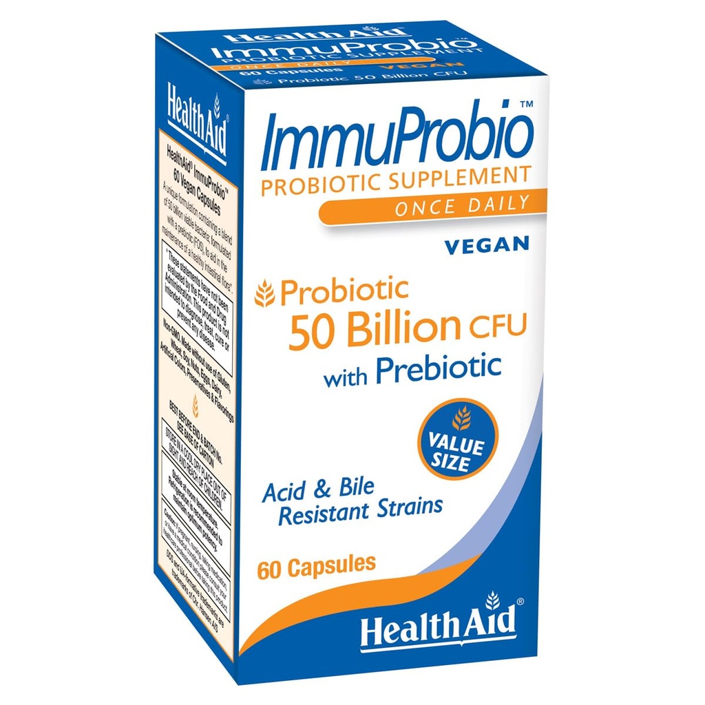 HealthAid ImmuProbio 60 Caps - 50 miljardia PMY prebiootti, kerran päivässä, happo ja Bile Resistant kanta, vegan