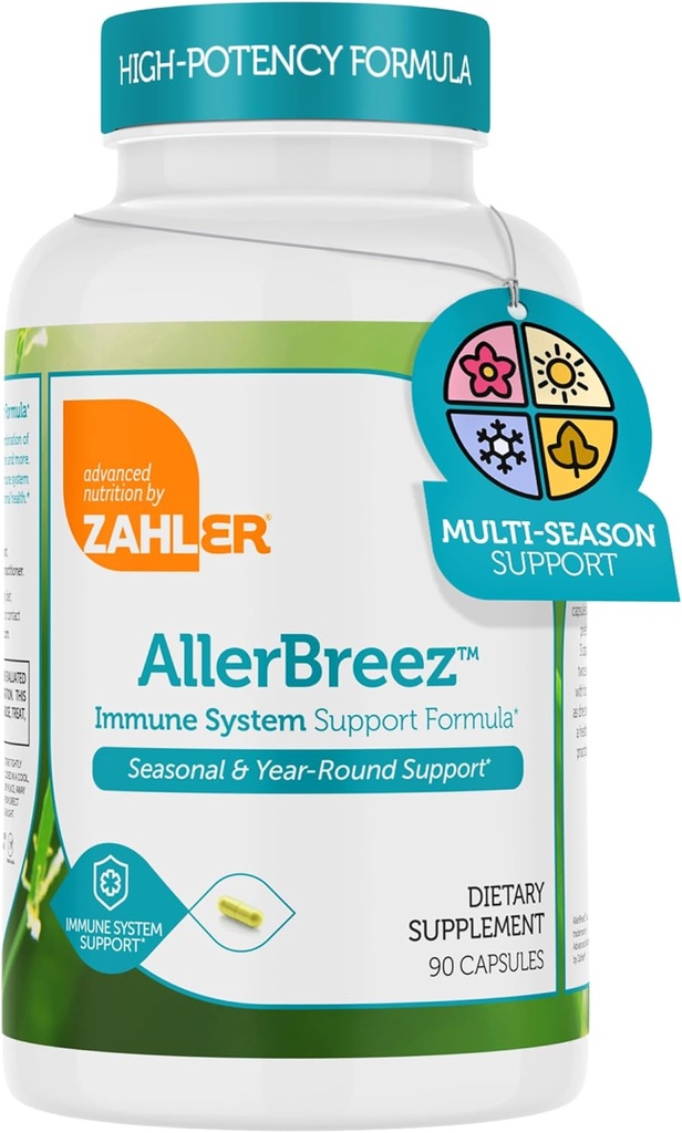 Zahler AllerBreez Immune System Support Formel med vitamin C, Quercetin, Vitamin B5, MSM & Sting Nettle - Seasonal & Year-Round Immune Support Supplement, Dhist Allergy Supplement (180 kapslar)