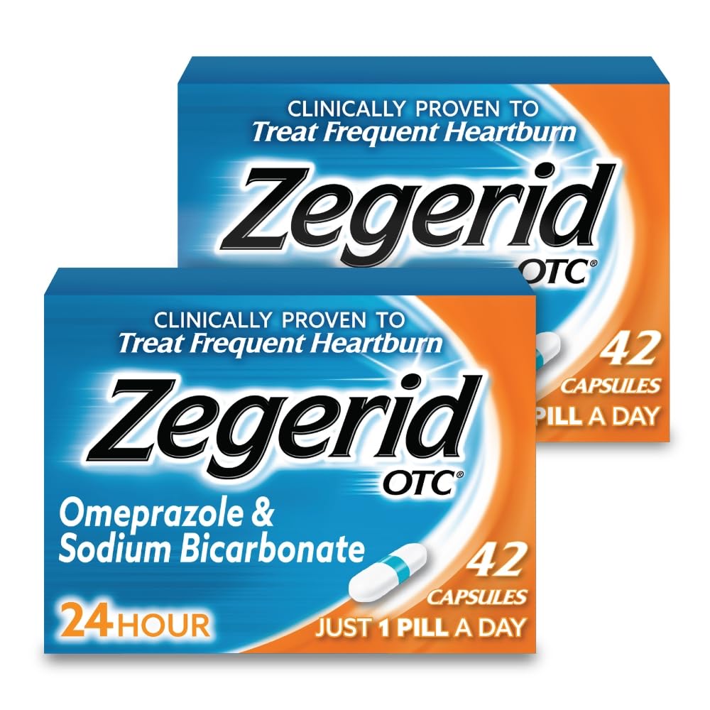 Zegerid OTC, 24 tunnin närästyksen lievittäminen, Acid Reflux Medicine ja Antasidit, Treatments Frequent Heartburn, Omeprazole 20 mg + natriumbikarbonaatti, Protonipumpun estäjä (PPI), kaksi 42ct-pakkausta