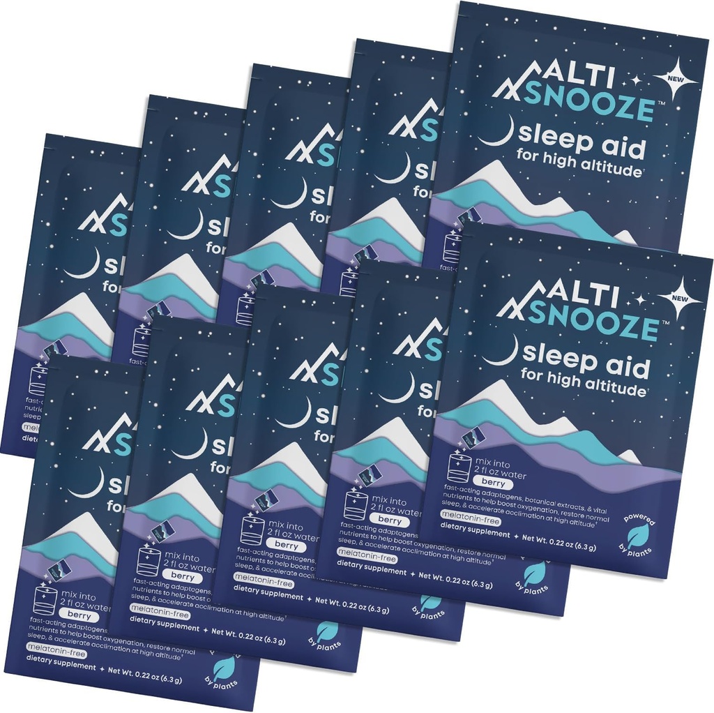 Sleep Aid + Altitude Sickness Prevention & Hydration | Oxygen-Boosting Formel med Cordyceps, Holy Basil, Magnesium & Electrolytes | Huvudvärk, Trötthet, Nausea Relief, Jet Lag, Ski Trip | 10 Pack