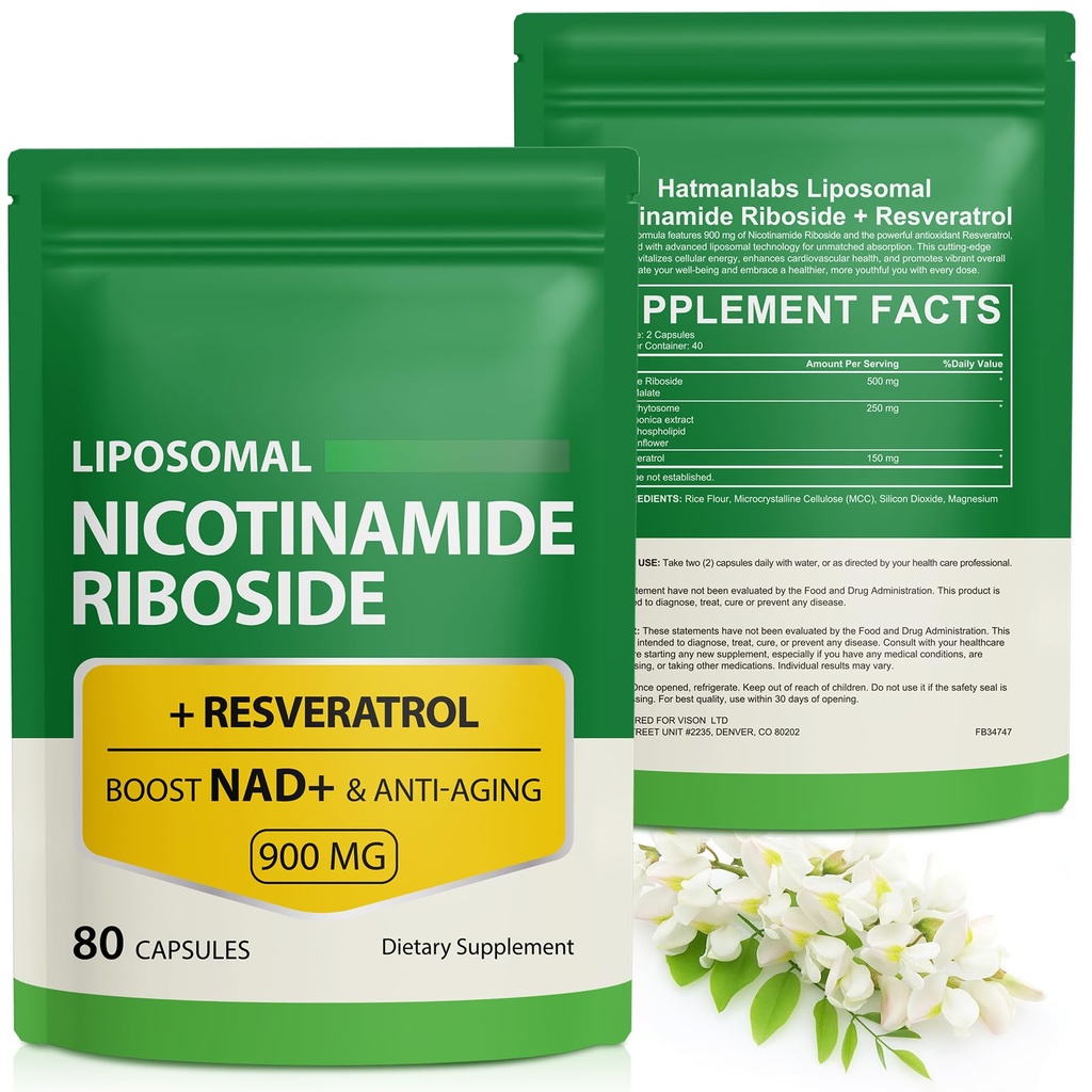 NAD-lisäaine, jossa on Nikotinamidi Ribosidi - Resveratrol, Liposomaalinen Nikotinamidi Ribosidi, Quercetin - Korkea puhtaus NAD-lisä anti-aging, Focus, energia 160 kapselia (2 pussi)