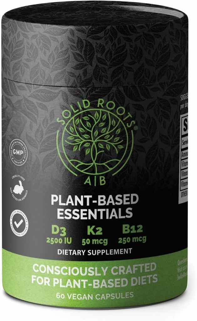SOLID ROOTS Vegaani D3-vitamiini + K2 + B12 luulle, sydämelle, iholle, hampaat kasvi-perustunut monivitamiini Essentials