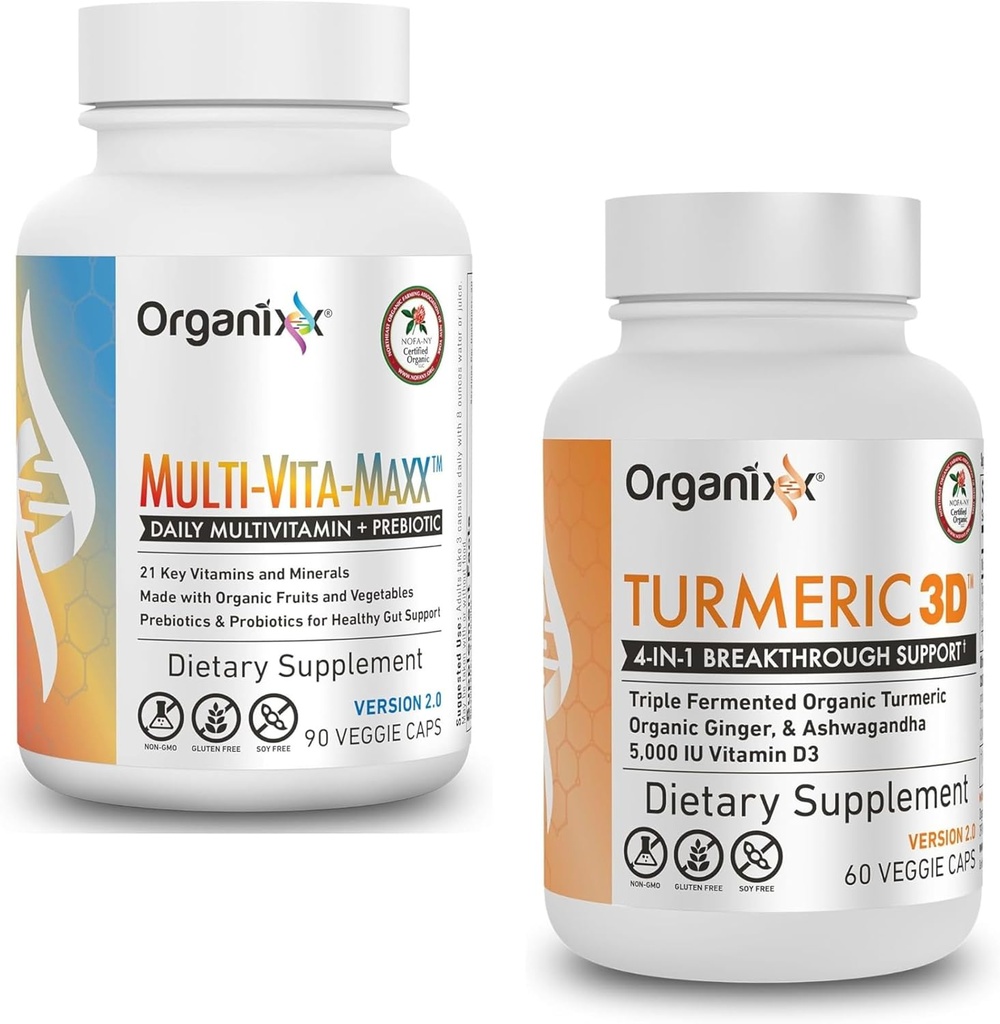 Organixx Turmeric Curcumin (60 kasvissyöjän kapselit) & Multi-Vita-Maxx Koko ruoka Multivitamiini(90 Gel kapselit)