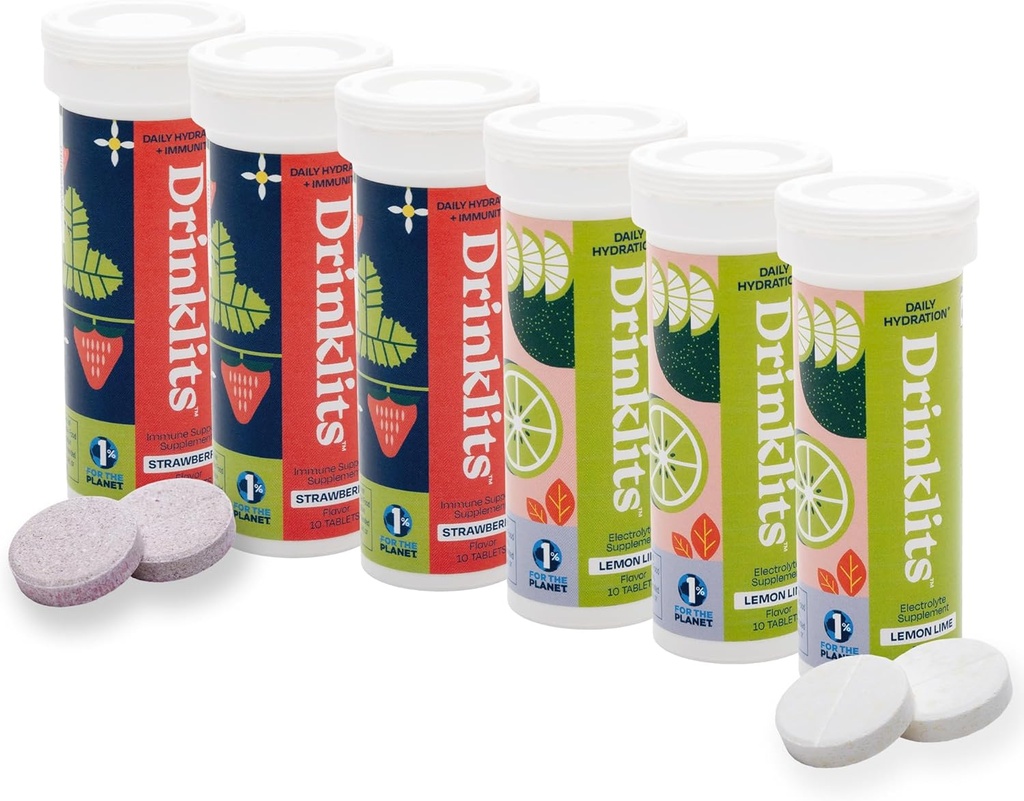 Drinklits Sitruunalime Electrolyte Hydration & Strawberry Immuniteetti Tabletit (6) Tube Combo Pack ... Great Maku ... Gluteeniton... Päivittäinen käyttö... 60 tarjoilua (10 tablettia per putki)