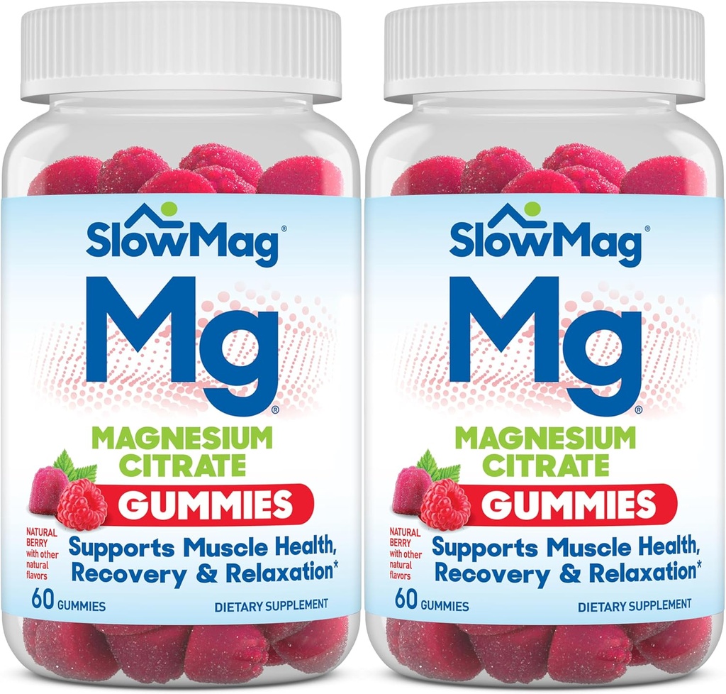 SlowMag Magnesium Citrate Gummies, 60 Count, stöder Muscle Health, Natural Berry Flavor, Recovery & Relaxation Pack av 2