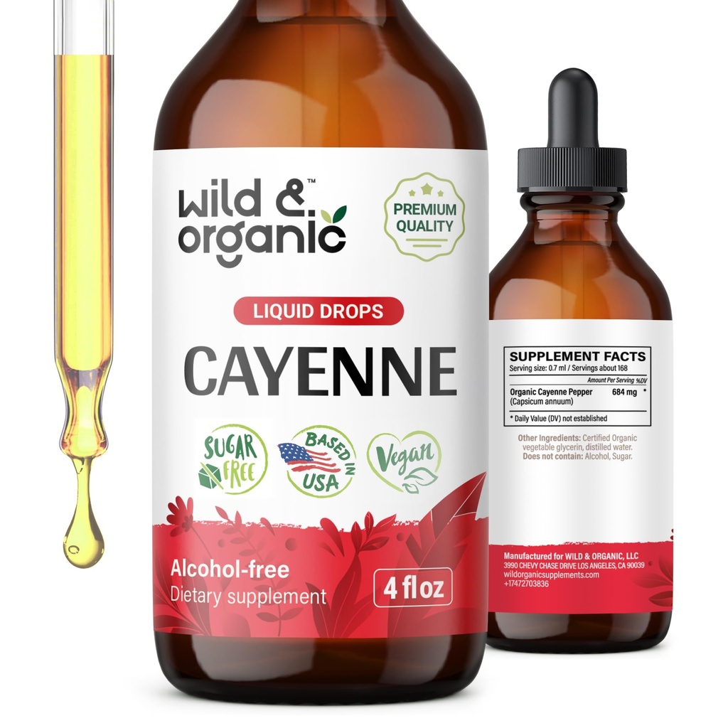 Wild & Organic Cayenne Pepper Tincture - Digestiivinen tuki Capsaicin Extract - Cayenne Pepper Liquid Drops Overall Well-Being - Vegaani, sokeri & alkoholiton - 4 fl oz