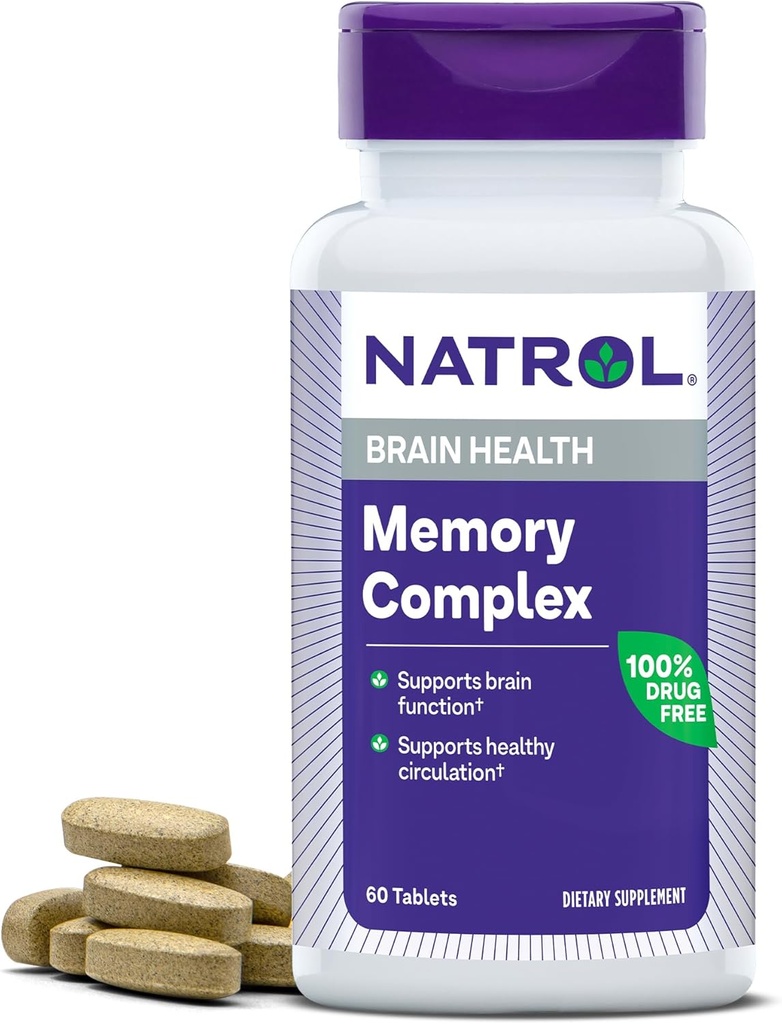 Natrol Memory Complex Ginkgo Biloba 120mg ja B-vitamiinit, ravintolisä aivojen terveyttä ja muistia tukea, 60 tablettia, 30 päivän tarjonta