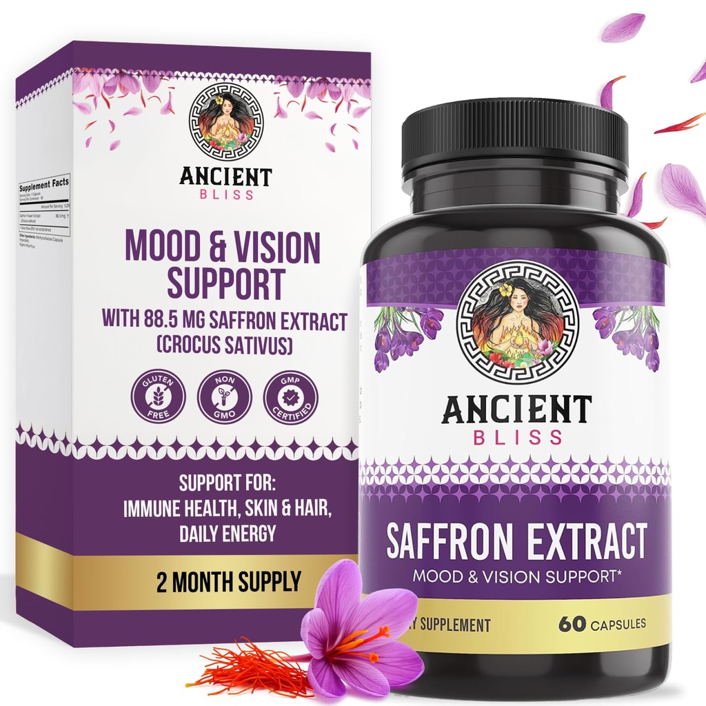 Ancient Bliss Saffron Extract Capsules Mood & Eye Support Supplement, Saffron Extract Appetite Suppressant Weight Management för kvinnor och män (60 kapslar)