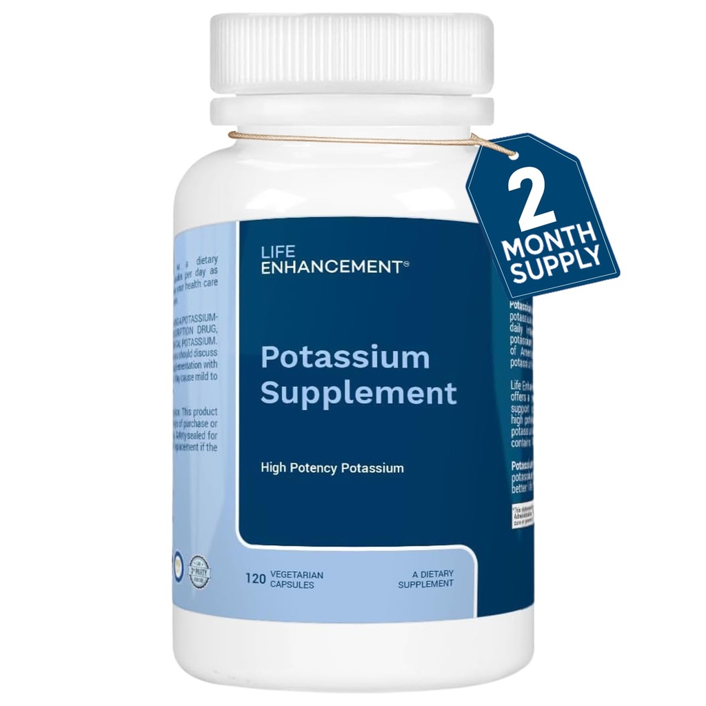 Life Enhancement High Absorption Potassium Supplement for Muscle, Brain & Bone Health - Inga tillsatser Hög Potens Elemental Potassium Supplement, Tillverkad i USA (120 kapslar - 60 portioner)