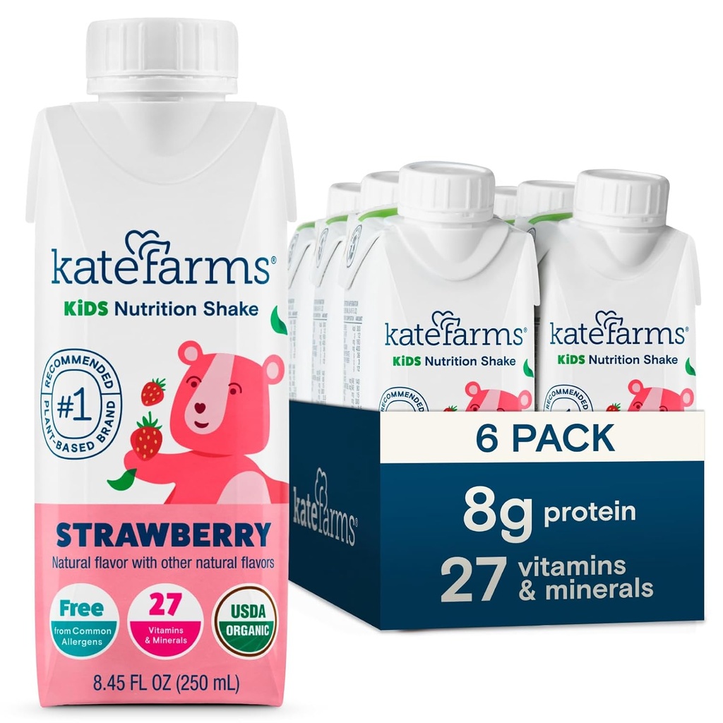 KATE FARMS Organic Kids Nutrition Shake, Mansikka, 8g proteiinia, 27 vitamiinia ja kivennäisaineita, ateriankorvike, proteiinin Shake, ei-GMO, 8.45 oz (6 pakkaus)
