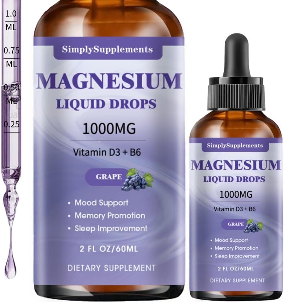 Triple Magnesium Complex Liquid Drops, 1000mg Magnesium Glycinate Drops, Taurate & Citrate med L-Theanin, Vitamin D3 & B6 för Sleep and Muscle Support, Calm Magnesium, Grape Flavor, 2 Fl OZ