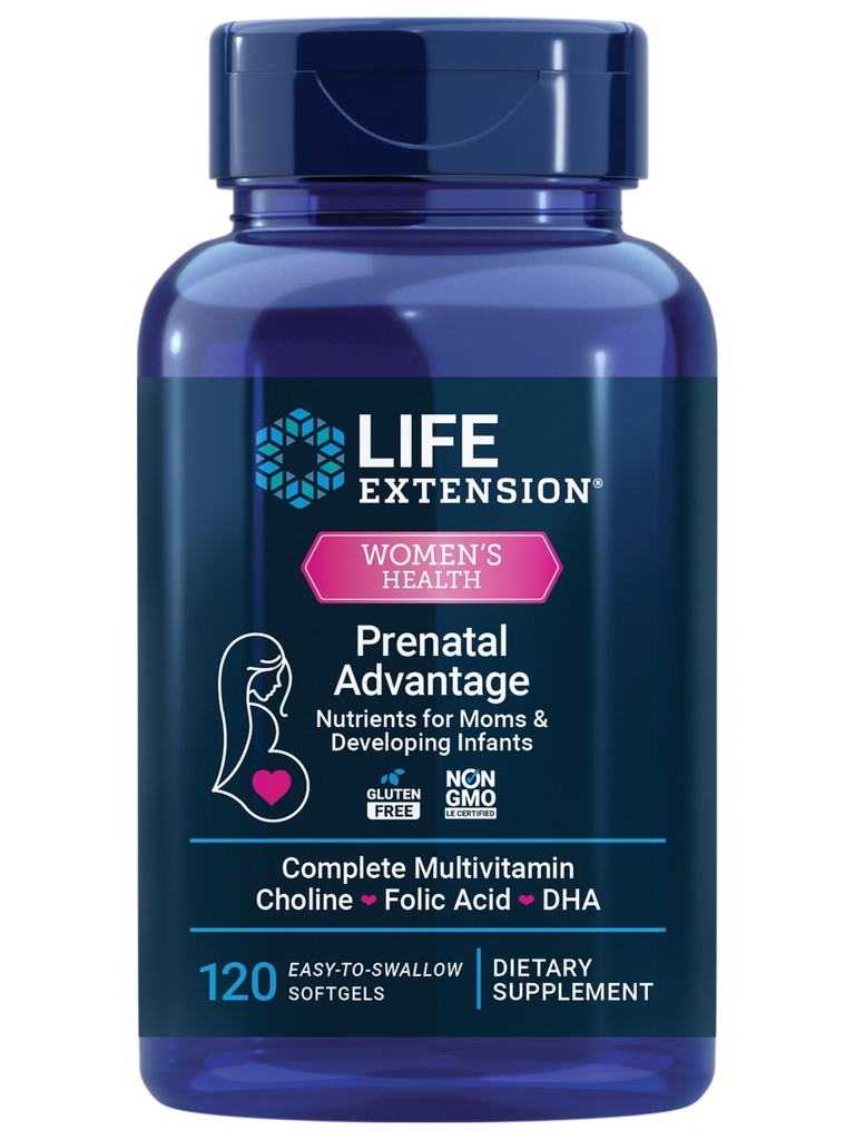 Life Extension Prenatal Advantage, Women’s multivitamin, Baby Support, folsyra, Choline, omega-3s, Vitamin C, D3, B1, B6, B12, zink, niacin, Gluten Free, Non-GMO, 120 mjukgels