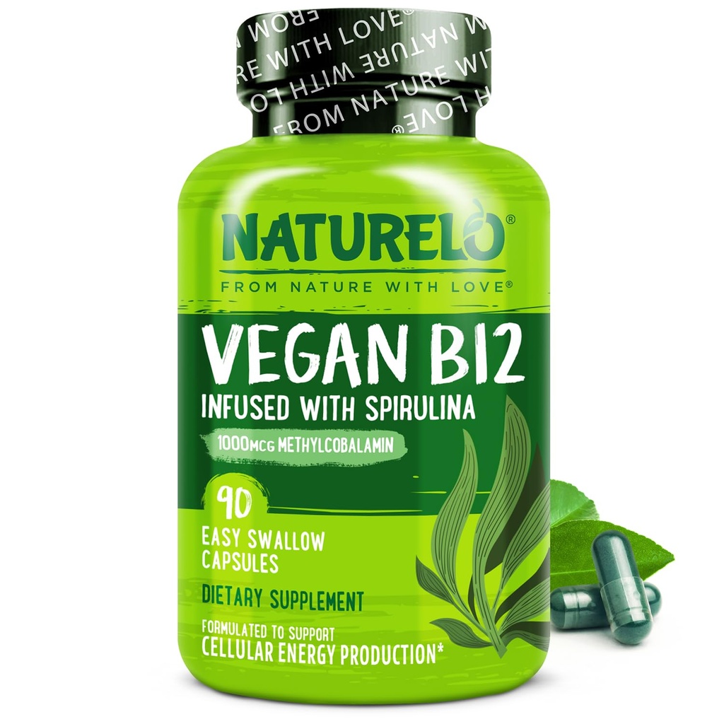 NATURALLO Vegaani B12 - Methyl B12 with Organic Spirulina - High Potency Vitamiini B12 1000 mcg Methylcobalamiini - Tukee tervettä mielialaa, energiaa, sydämen ja silmien terveyttä - 90 kapselia
