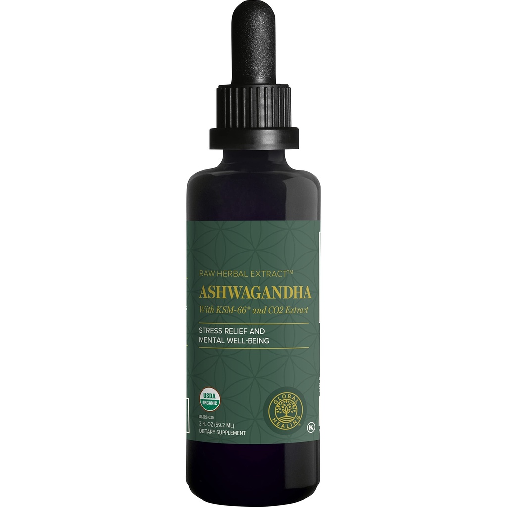 Global Healing Center - Organic Ashwagandha Supplements Drops - KSM-66 Ashwagandha Extra Strength for Men & Women, hjälper till att främja lättnad från stress, humörstöd, organisk (2 Fl Oz)