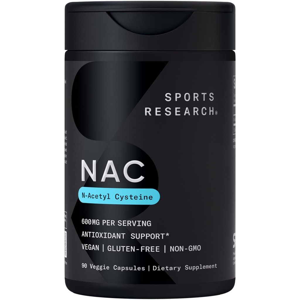 Sports Research N-Acetyl L-Cysteine (NAC) 600mg, 90 Kasviskapselit - Vegan, ei-GMO, gluteeniton.