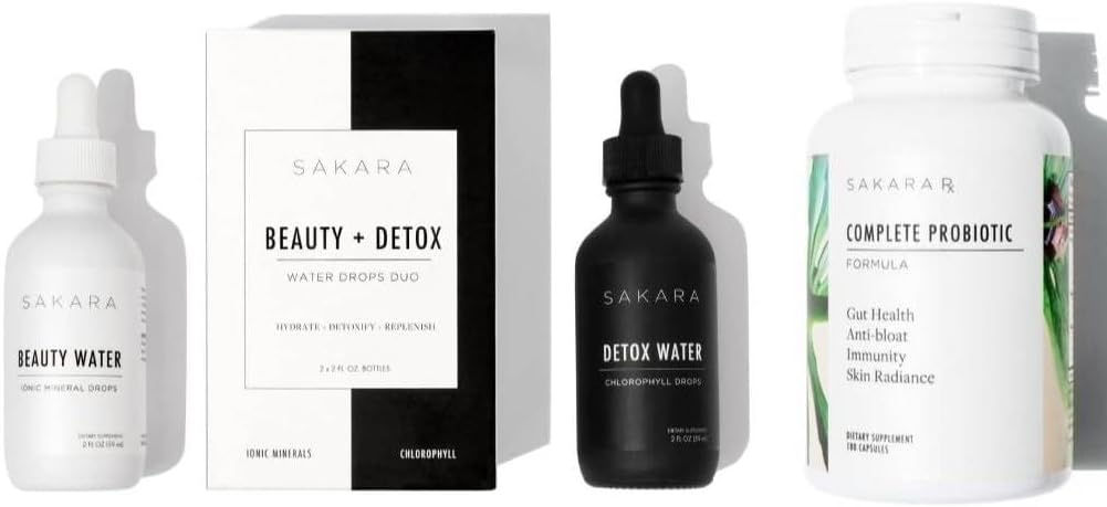 Sakara Beauty Water + Detox Water Drops & Complete Probiotics - Trace Mineral Drops & Chlorophyll Liquid Drops, Probiotika för kvinnor Digestive Health