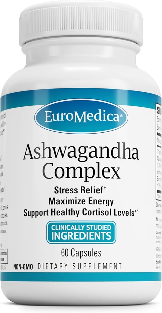 EuroMedica Ashwagandha Complex - Tillägg för att stödja Adrenal Health - Ashwagandha Supplement med Rhodiola Rosea Extract - Herbal Supplement för att stödja energi och koncentration - 60 kapslar