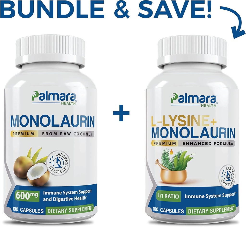 Palmara Health Premium Monolaurin 600 mg + L- Lysiini + Monolaurin Combo