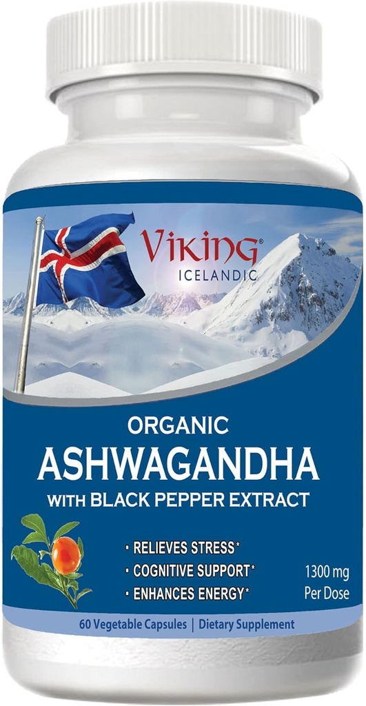 Viking Organic Ashwagandha Black Pepper Extract islantilainen. 60 Vegaanikapselia - Maksimiabsorptio stressin, mielialan ja energian tueksi